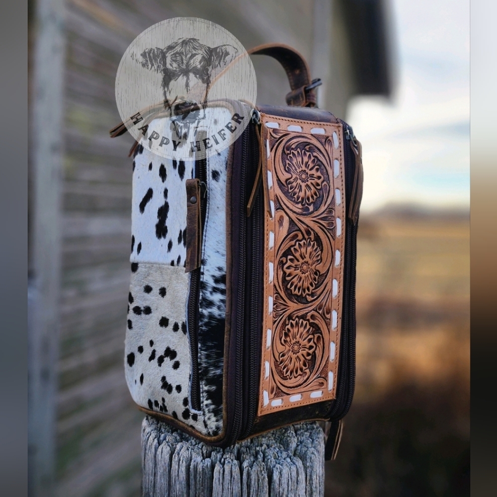 Black And White Cowhide Floral Handtooled Leather Western Cosmetic Bag